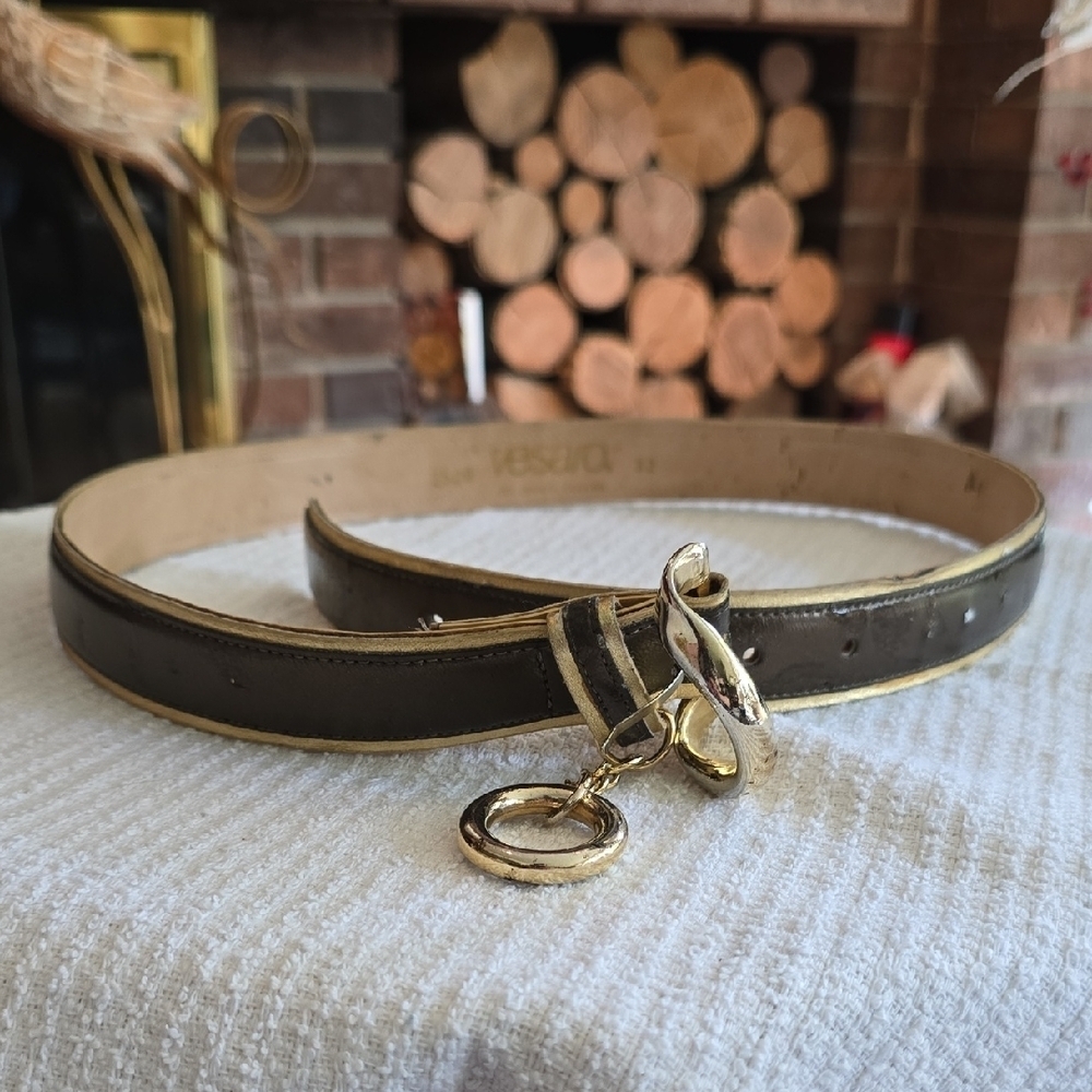 Vesaro - Vintage Brown Leather Belt with Gold Trim & Hardware